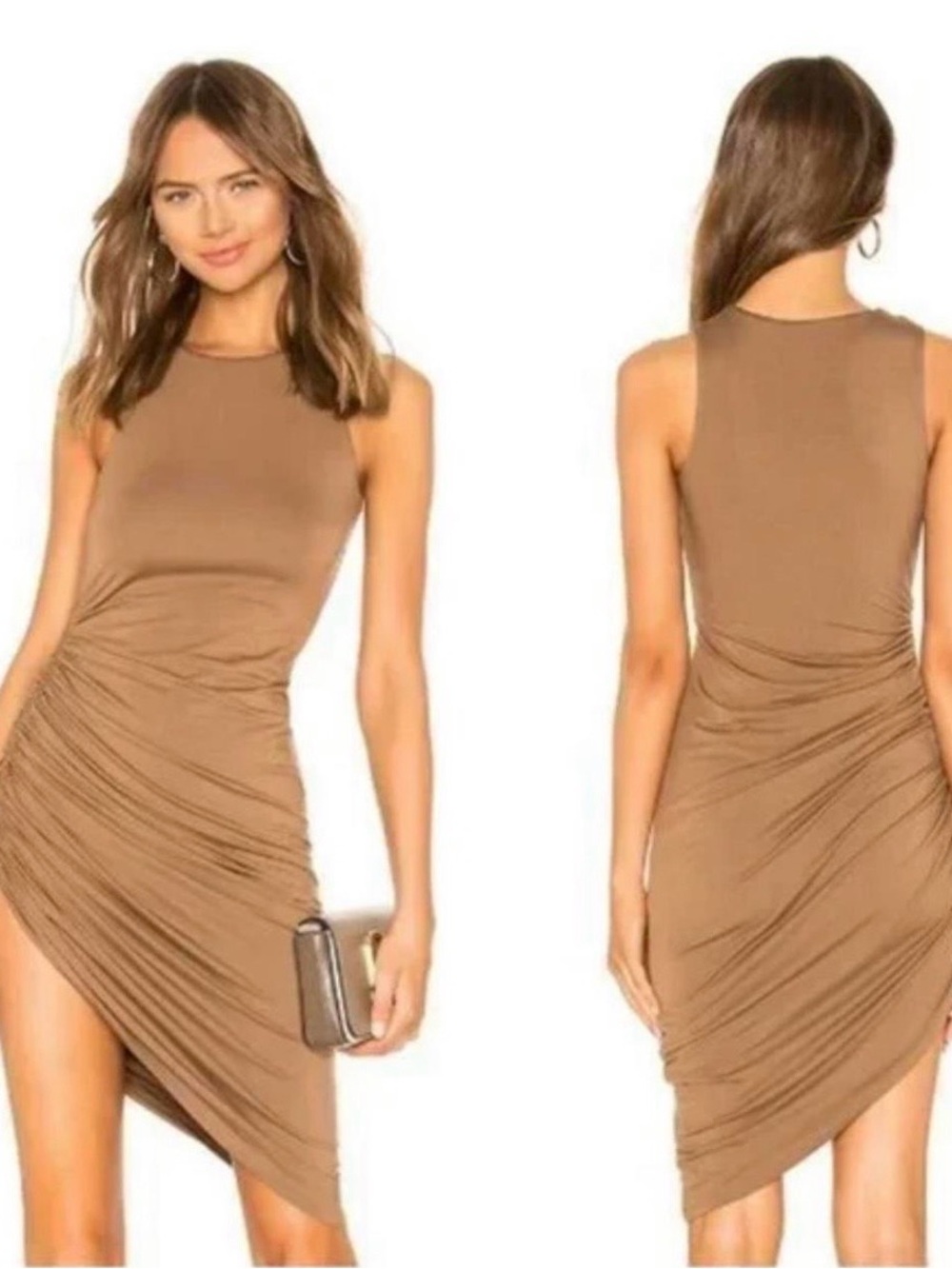 Lovers + Friends Tan Asymmetrical Ruched Bodycon Dress